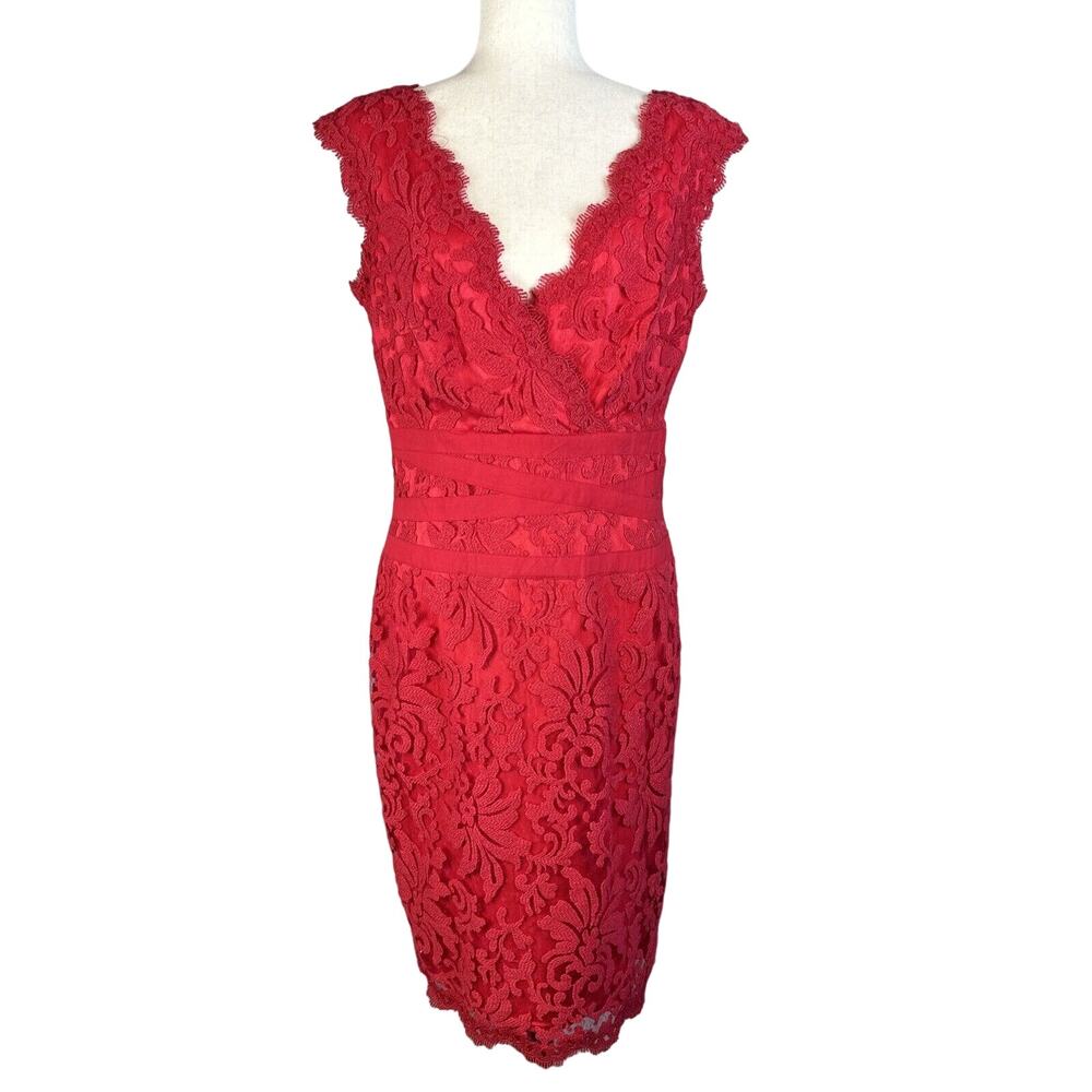 Tadashi Shoji Womens V-Neck Sheath Dress Size 12 Red Floral Embroidered Lace‎